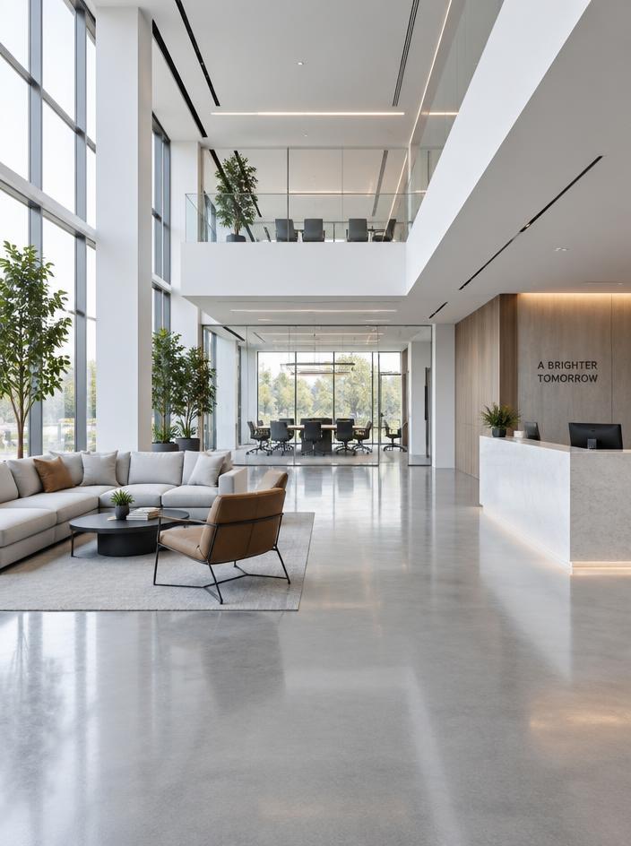 Modern commercial office interior with clean white lines