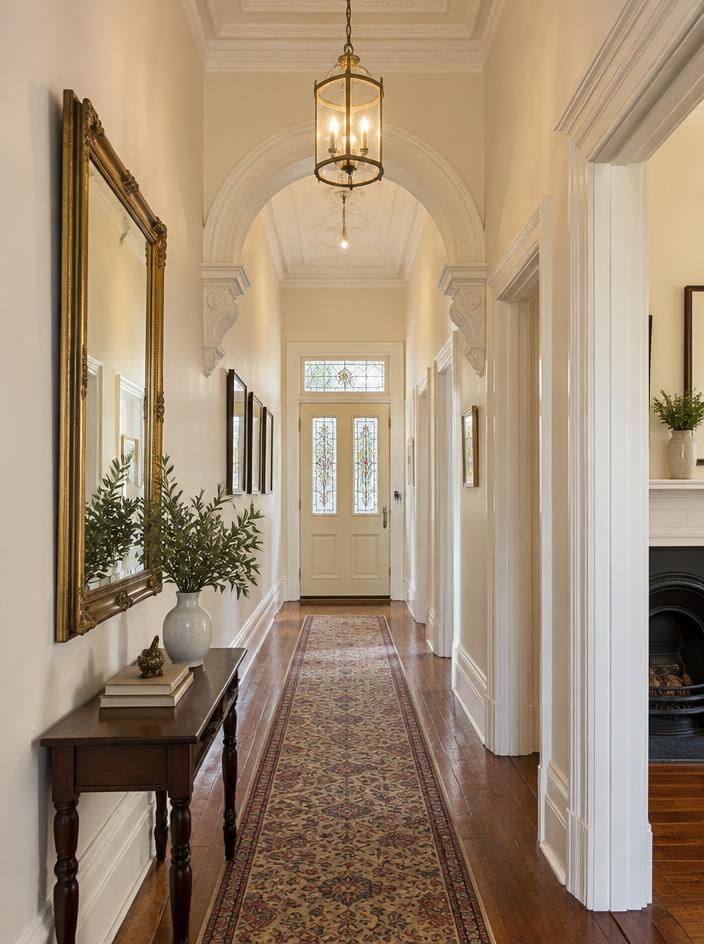 Restored Victorian hallway with cream walls and original mouldings