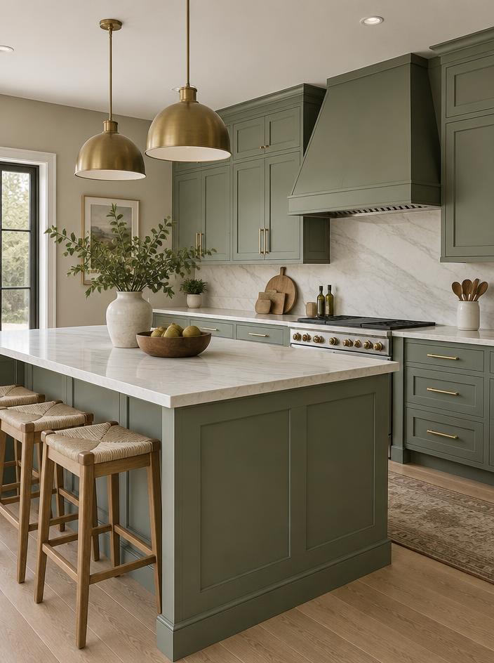 Contemporary new build kitchen with sage green cabinets